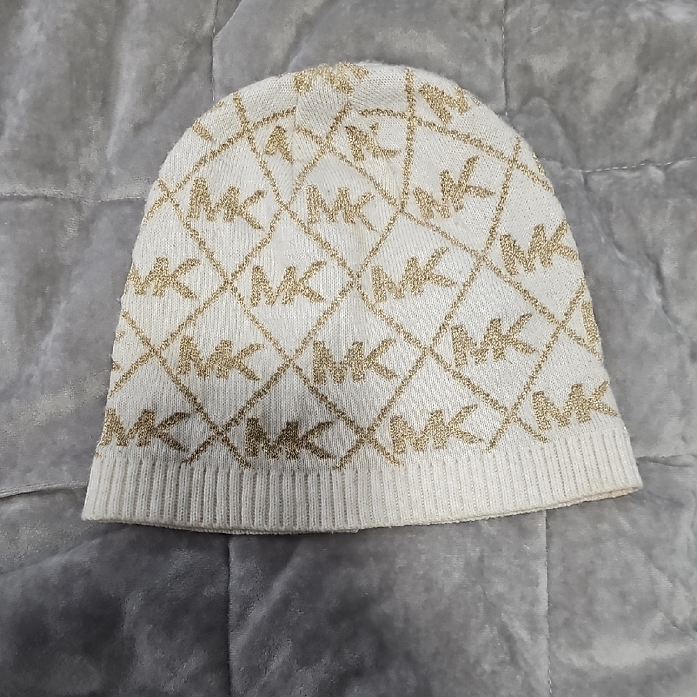 Michael Kors Cream and Gold Logo Beanie